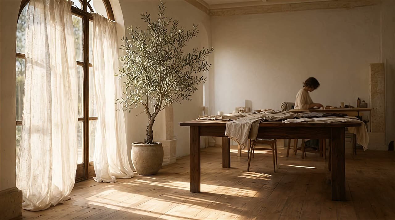 Casavera atelier at work — cloth laid out on a long timber table in morning light