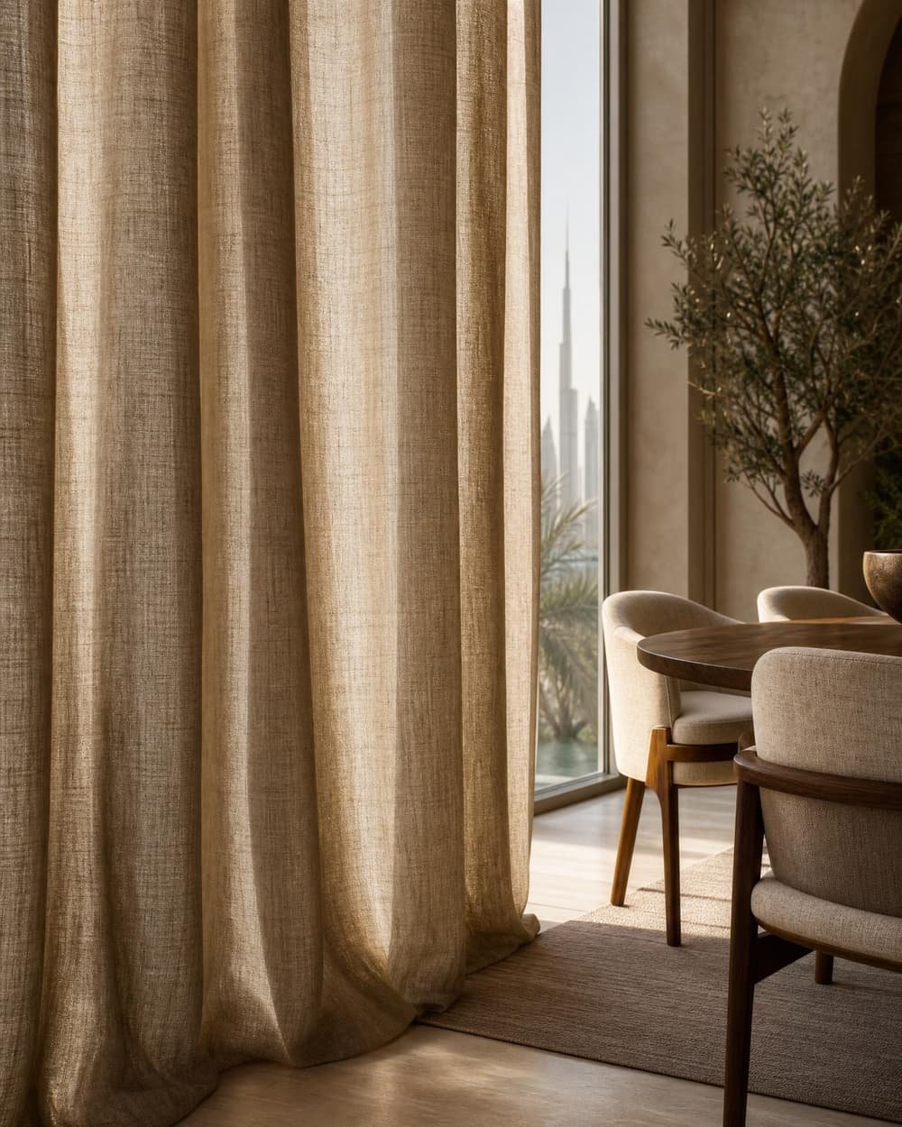 Linen drapery closing over a quiet, sunlit room
