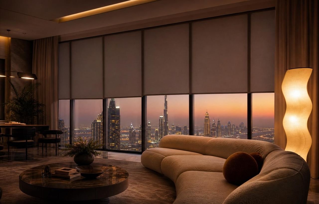 Floor-to-ceiling motorised roller blinds in a Dubai penthouse at dusk, halfway descended revealing the warm city skyline