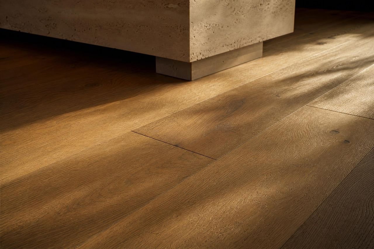 Wide-plank European oak flooring in a Dubai residence at golden hour beneath a sculptural travertine plinth