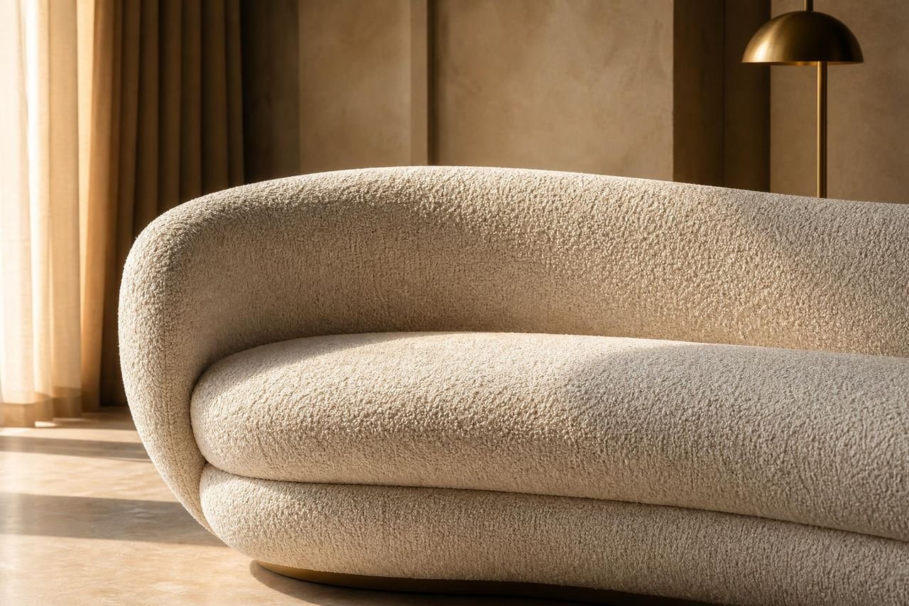 Sculptural cream bouclé sofa in a Dubai interior at golden hour with warm brass floor lamp