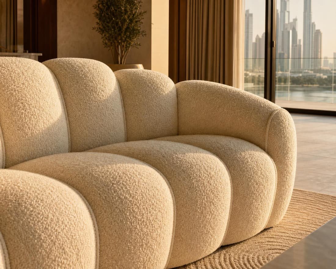 Bouclé and velvet upholstery detail