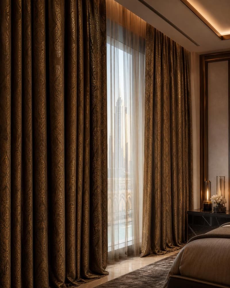 Hotel suite dressed in layered curtains